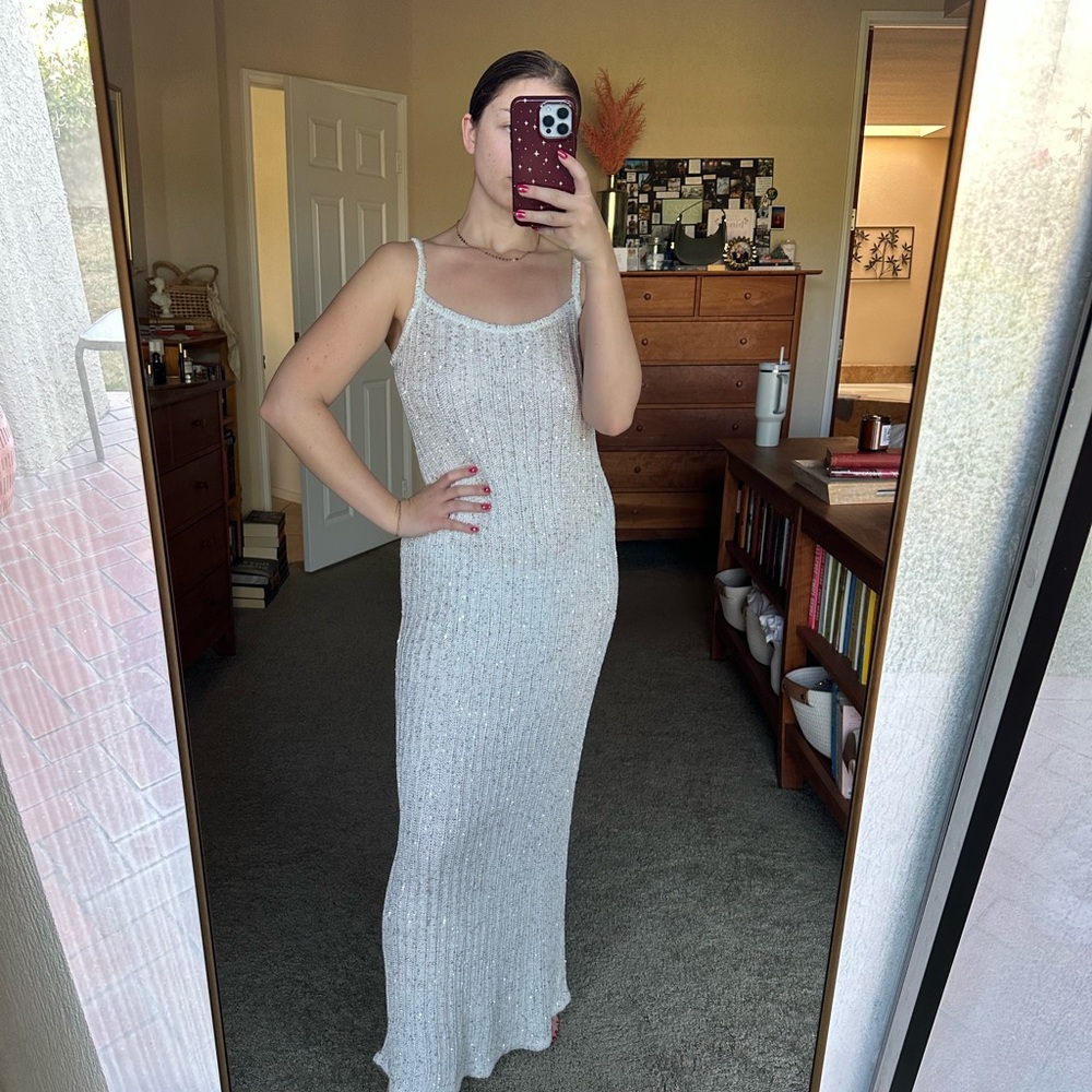 Rumored Palm Beach Elegant White Knit Maxi Dress with Sequins